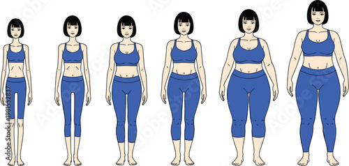 Body positivity vector illustration set featuring diverse women body types from slim to plus size in blue sportswear for fitness health and inclusive marketing.