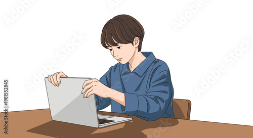 Person Opening Laptop Starting Work Natural Color Illustration