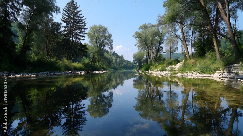 Obraz premium Serene river landscape with trees reflected.