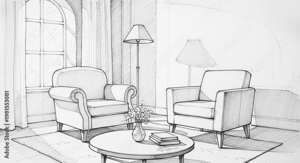 Fototapeta premium Elegant Living Room Sketch with Armchairs and Round Table.