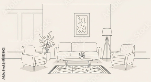 Elegant Living Room Sketch - Sofa, Armchairs, and Decor.