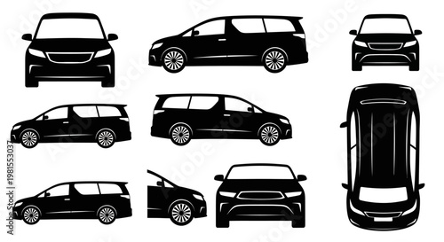 Minivan Vehicle Collection: Multiple Views of Black Silhouette Cars