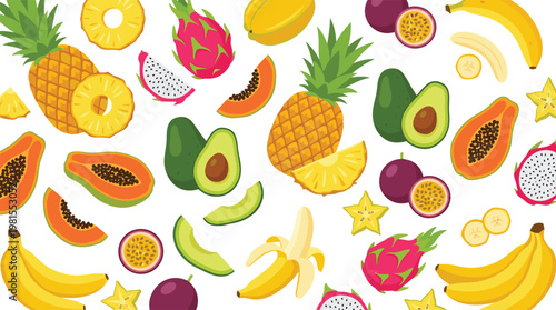 Colorful Tropical Fruit Seamless Pattern with Pineapple, Banana, Avocado, Papaya, Dragon Fruit and Exotic Fresh Elements for Summer Food Background Design