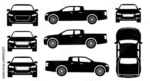 Collection of Black Silhouettes of Cars and Pickup Trucks from Different Angles