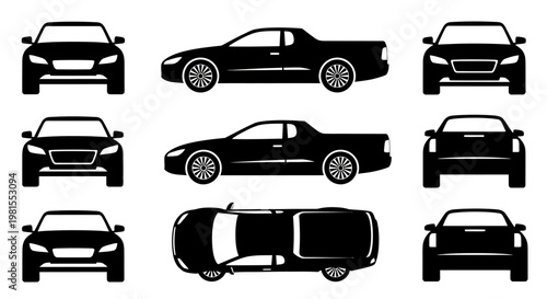 Collection of Car Silhouettes: Front, Side, and Top Views