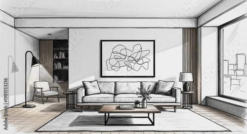 Elegant Living Room Sketch with Modern Furniture and Artwork.