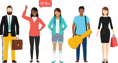 Diverse set of professional and casual characters featuring businessman with briefcase musician with guitar and stylish women in various outfits isolated on white background vector illustration.