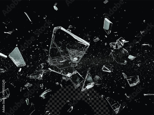 Shattered glass fragments exploding in mid-air on transparent background, realistic broken glass effect for design and editing