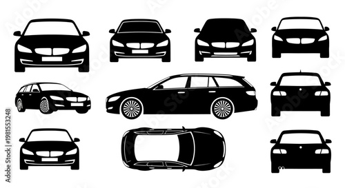 Diverse Car Silhouettes: Front, Side, Top Views of Sedans and Wagons