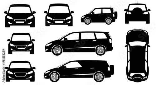 Diverse Car Silhouettes: Front, Side, Top Views of Sedans, SUVs, Minivans