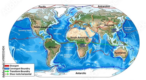 A detailed map illustrating Earth's tectonic plates, with boundary types color-coded