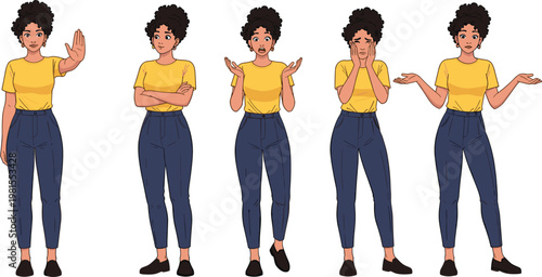 Set of Young Woman Character Illustrations Showing Various Negative Expressions and Hand Gestures Like Stop Refusal Worry and Confusion Isolated on White Background