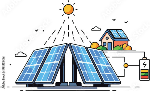 Solar panels on a house generate electricity from sunlight daily