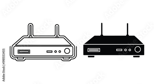 Two wireless router icons depicted in a simple contrasting black silhouette