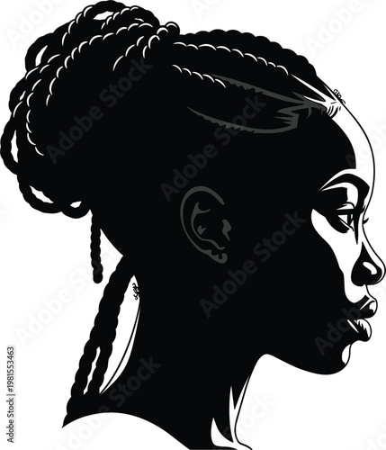 Beautiful African American Woman Profile Silhouette with Braided Bun Hairstyle Vector Illustration Isolated on White Background for Fashion Beauty Salon or Logo Design