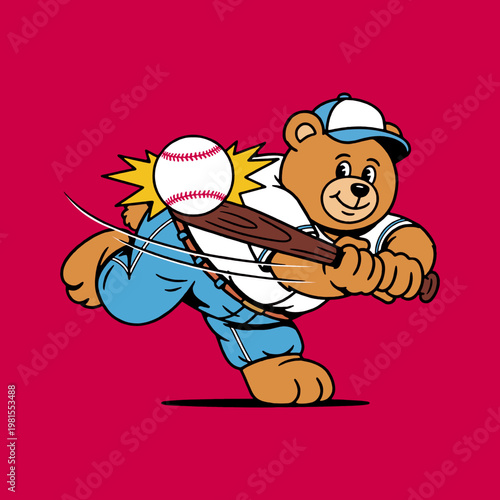 Cartoon bear baseball player swinging a bat hitting a ball