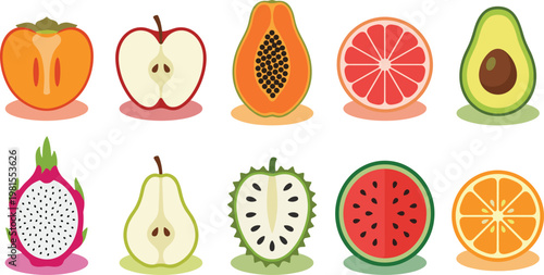 Flat Fruit Icon Set with Persimmon, Apple, Papaya, Grapefruit, Avocado, Dragon Fruit, Pear, Durian, Watermelon, and Orange for Healthy Food Design