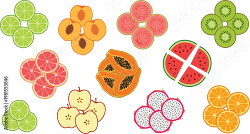 Fruit Slice Cluster Icon Set with Lime, Peach, Guava, Kiwi, Citrus, Papaya, Watermelon, Apple, Dragon Fruit, and Orange in Flat Vector Style