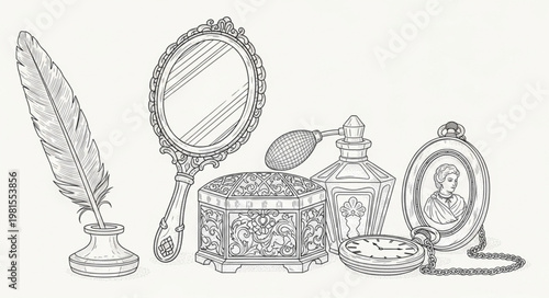 Elegant Still Life - Antique Vanity Set with Quill and Mirror.