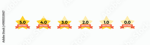 Five star ratings in cartoon style. Red banners highlight each score. Simple flat design for digital use. Ideal for reviews or feedback systems. Clean white background keeps focus sharp