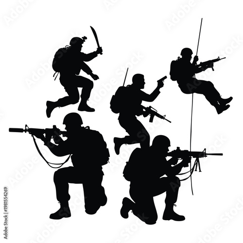 Silhouettes of Soldiers with Rifles and Equipment in Action