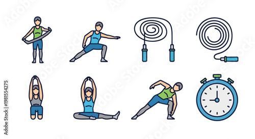 Fitness Icons: Exercise, Yoga, Jump Rope, Stopwatch - Flat Design Vector Set