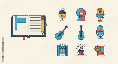 Creative Arts Icons: Book, Microphone, Guitar, Music Notes, Calendar, Award