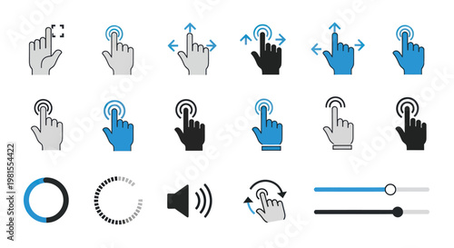 Touchscreen Gestures Icons: Tap, Swipe, Pinch, Zoom, Rotate, Volume, Slider