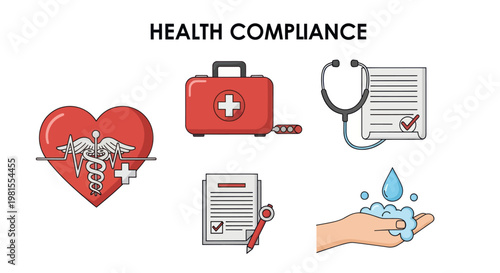 Health Compliance Icons: Heart, First Aid, Stethoscope, Document, Hand Washing