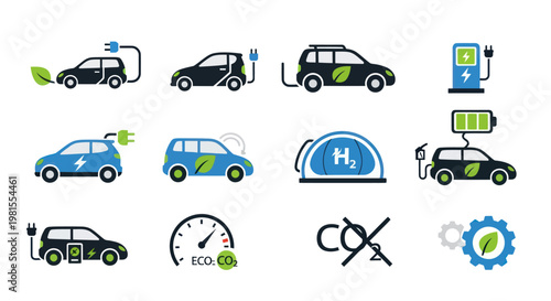 Electric Car Icons: Charging, Battery, H2 Fuel Cell, Eco-Friendly Transport Concepts