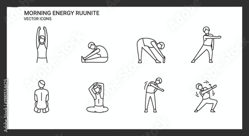 Morning Exercise Icons: Stretching, Yoga Poses, Fitness Routine, Healthy Lifestyle Vector Art