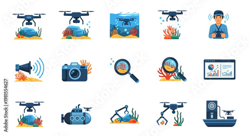 Underwater Exploration Icons: Drone, Submarine, Camera, Magnifying Glass, Robotic Arm, Operator