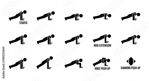 Push-up Exercise Variations Icon Set: Proper Form and Technique Guide