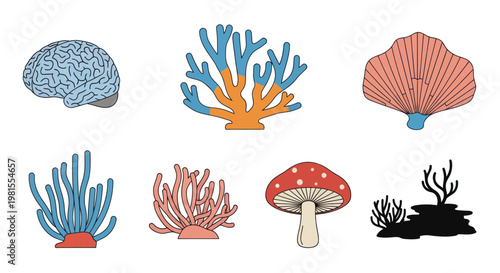 Brain, Coral, Shell, Mushroom Icons: Life Forms Collection