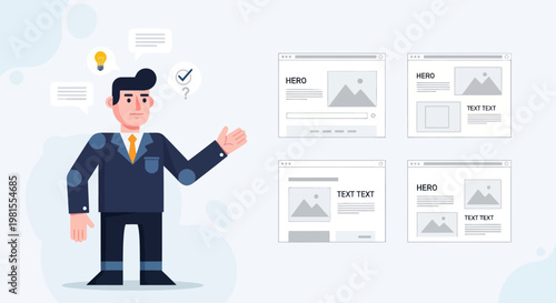 Man presenting website wireframes, UX UI design process, planning and development