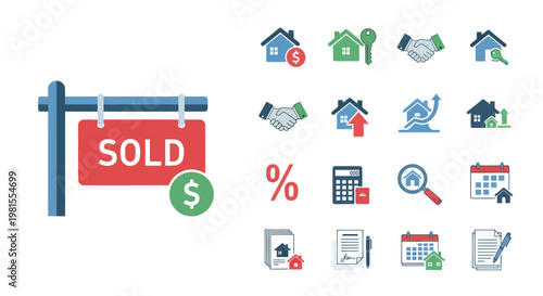 Real Estate Sold Sign Icon Set: House, Key, Deal, Finance, Calendar, Contract, Magnifying Glass