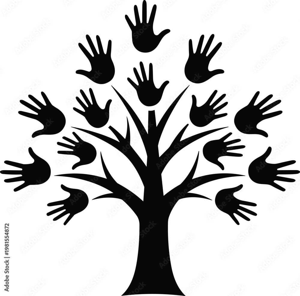 Obraz premium Handprint tree silhouette icon with unity growth community nature artwork, black vector template setHandprint tree silhouette icon with unity growth community nature artwork, black vector template set