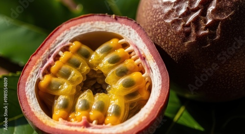 A ripe, exotic passion fruit sliced open to reveal its vibrant, pulpy interior and seeds, showcasing intricate textures.