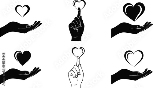Hand silhouette with heart, love care symbol, compassion gesture, charity icon, kindness illustration, emotional connection, romantic design, vector art concept
