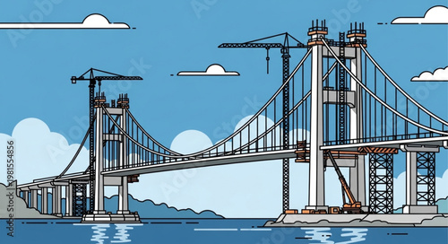 Illustration of a Suspension Bridge Under Construction with Cranes.