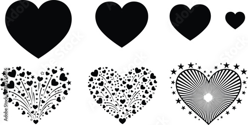 Heart icon collection with love romance compassion decorative symbol artwork, black vector template set