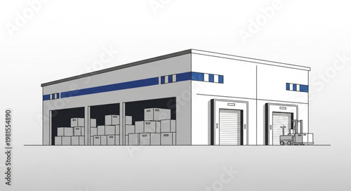 Illustration of a warehouse with boxes and a forklift.