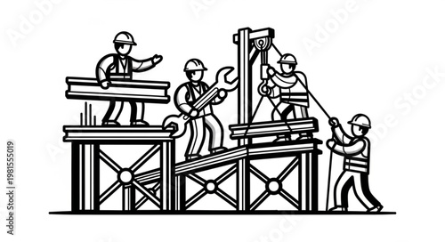 Illustration of construction workers assembling a structure with tools.