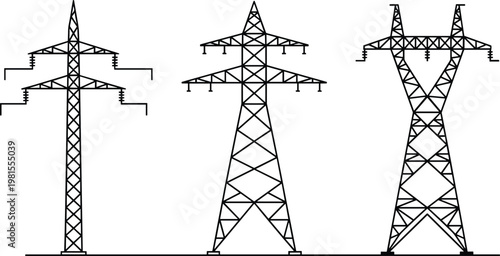 High Voltage Electric Power Transmission Line Tower Set with Three Different Pylon Designs for Industrial Energy Grid and Infrastructure Development