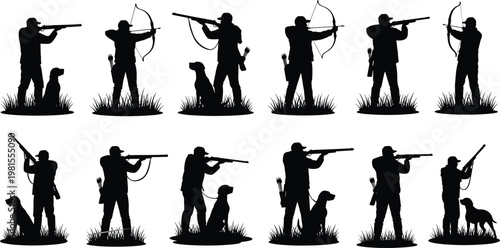 Hunter silhouettes set with hunting dogs rifles and bows isolated on white background, outdoor sport and hobby vector illustration collection.