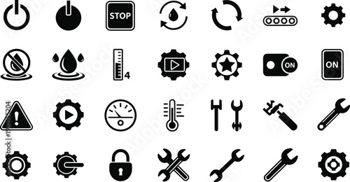 Industrial mechanical icon collection with power gear tool interface control symbol artwork, black vector template set