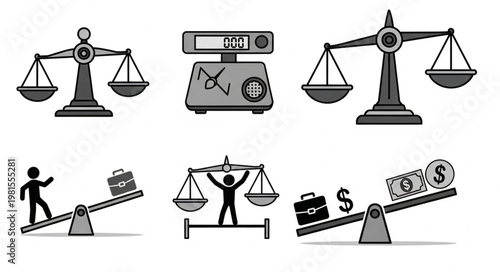 Illustrations of Various Scales and Balance Concepts Depicted in Black and White.