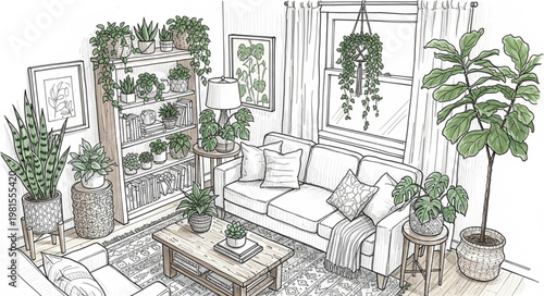 Indoor Oasis - A Cozy Living Room Filled with Lush Green Plants.