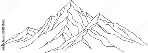 Stylized illustration of a majestic mountain range with sharp peaks and rugged terrain lines