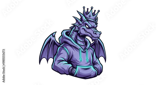 A purple dragon wearing a hoodie and a crown